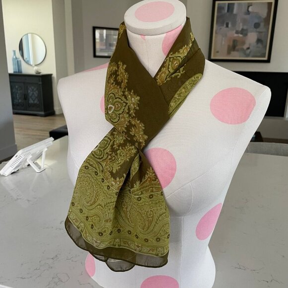 Vintage Sheer Paisley Print Scarf Olive Green White Tan No Tags Sz OS - no tags - Picture 5 of 7
